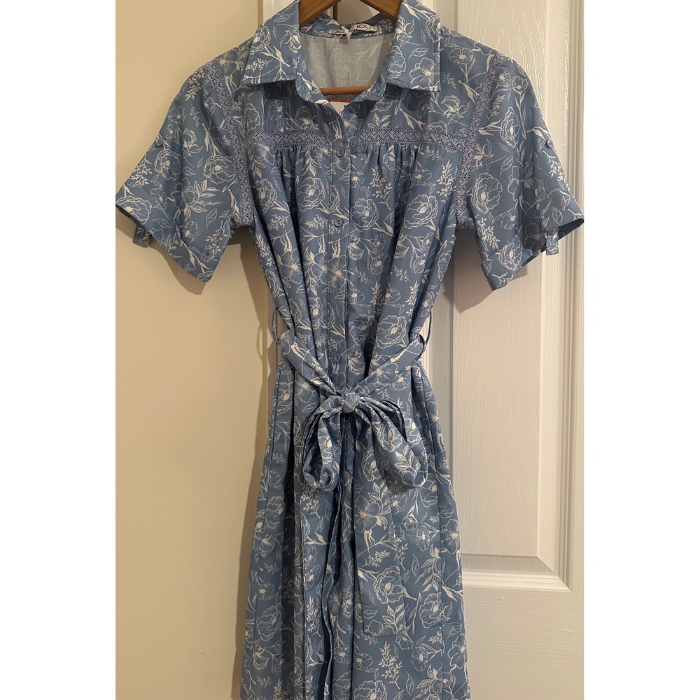 New w/tags Joy‎ Floral Print Shirt Dress w/ Belt Crochet Trim Blue White Size S